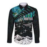 Black-and-teal long-sleeve button shirt with custom text, stars, and mountain print