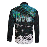 Back long-sleeve button shirt with teal graphic and TE IWA O MATARIKI text, stars