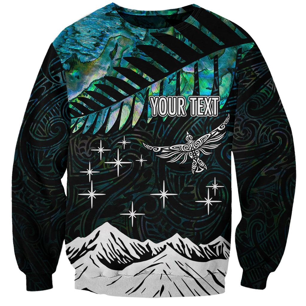 Unisex crewneck sweatshirt, black with blue night graphic, stars and mountains, 'YOUR TEXT'