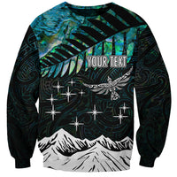 Unisex crewneck sweatshirt, black with blue night graphic, stars and mountains, 'YOUR TEXT'