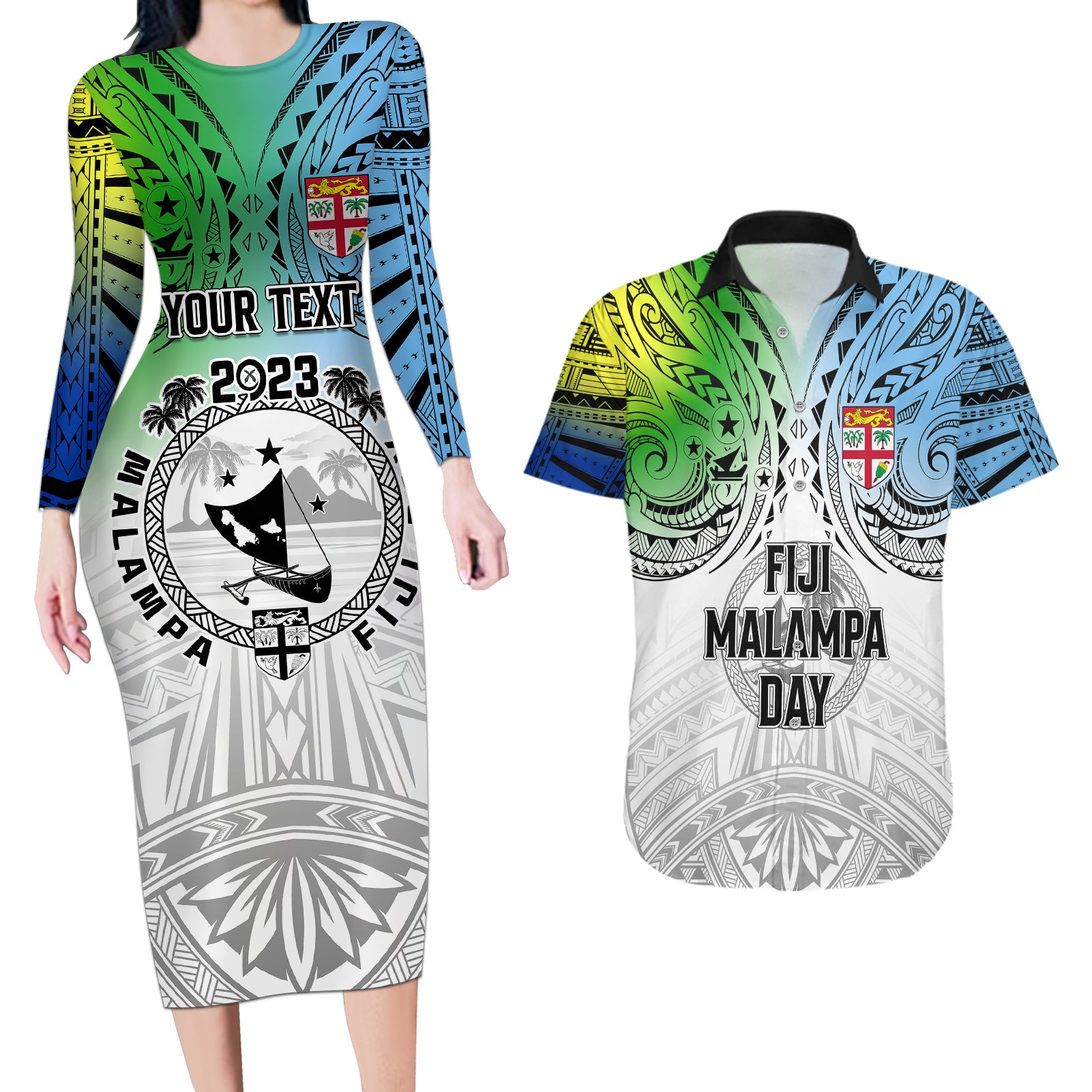 Personalised Malampa Fiji Day Couples Matching Long Sleeve Bodycon Dress and Hawaiian Shirt Gradient Style LT7 - Wonder Print Shop