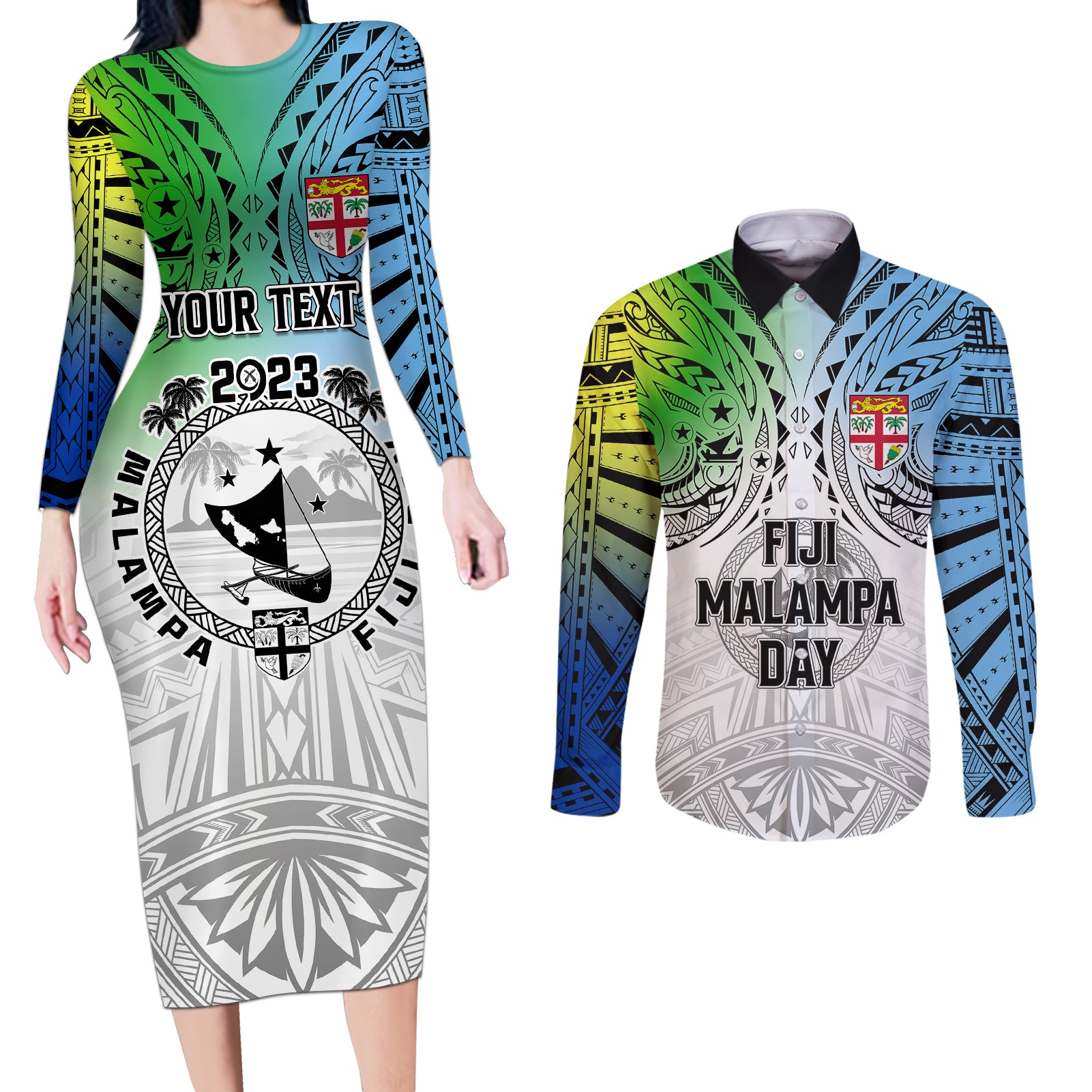 Personalised Malampa Fiji Day Couples Matching Long Sleeve Bodycon Dress and Long Sleeve Button Shirts Gradient Style LT7 - Wonder Print Shop