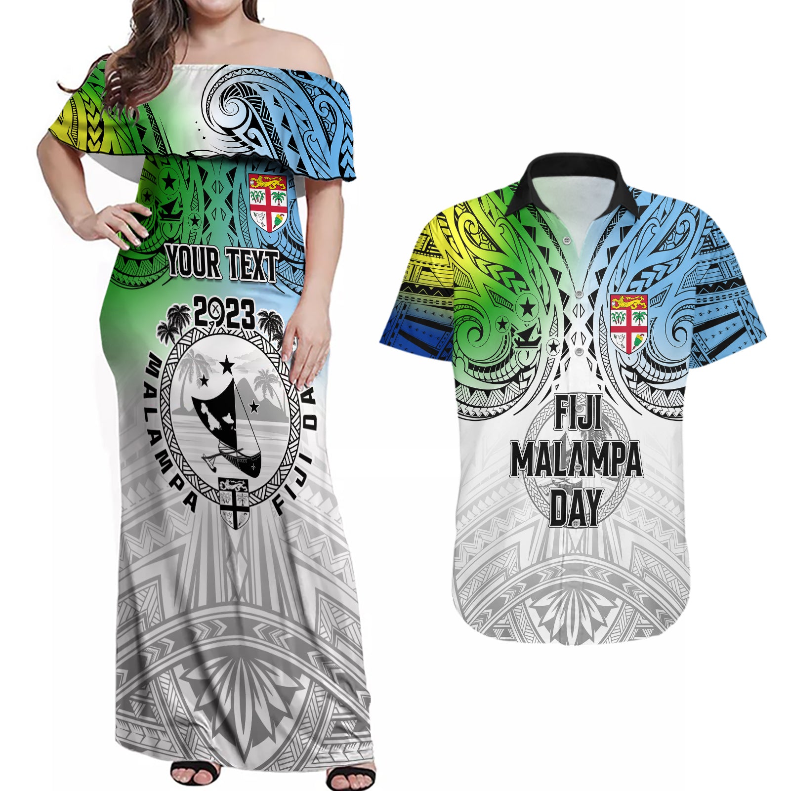 Personalised Malampa Fiji Day Couples Matching Off Shoulder Maxi Dress and Hawaiian Shirt Gradient Style LT7 - Wonder Print Shop