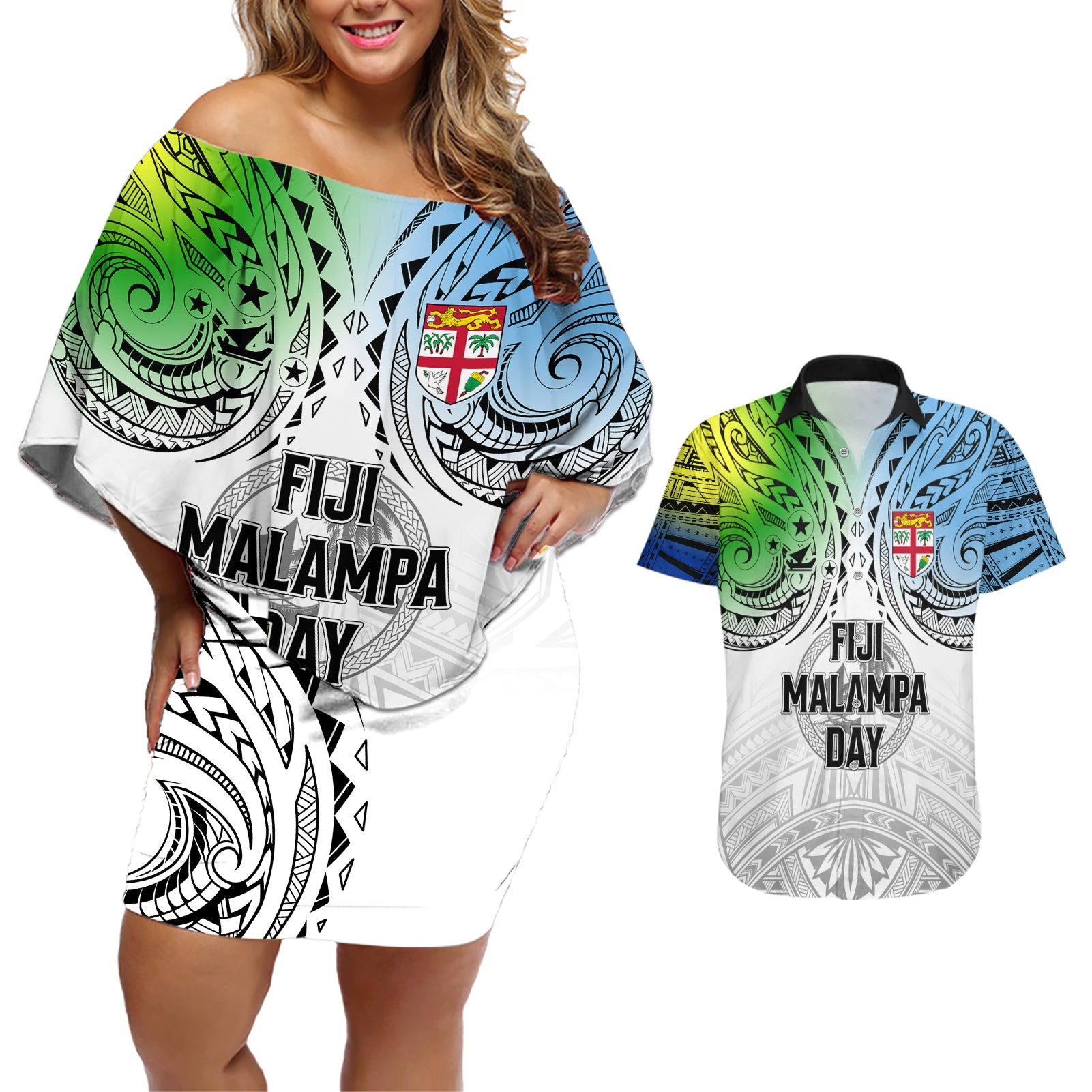 Personalised Malampa Fiji Day Couples Matching Off Shoulder Short Dress and Hawaiian Shirt Gradient Style LT7 - Wonder Print Shop