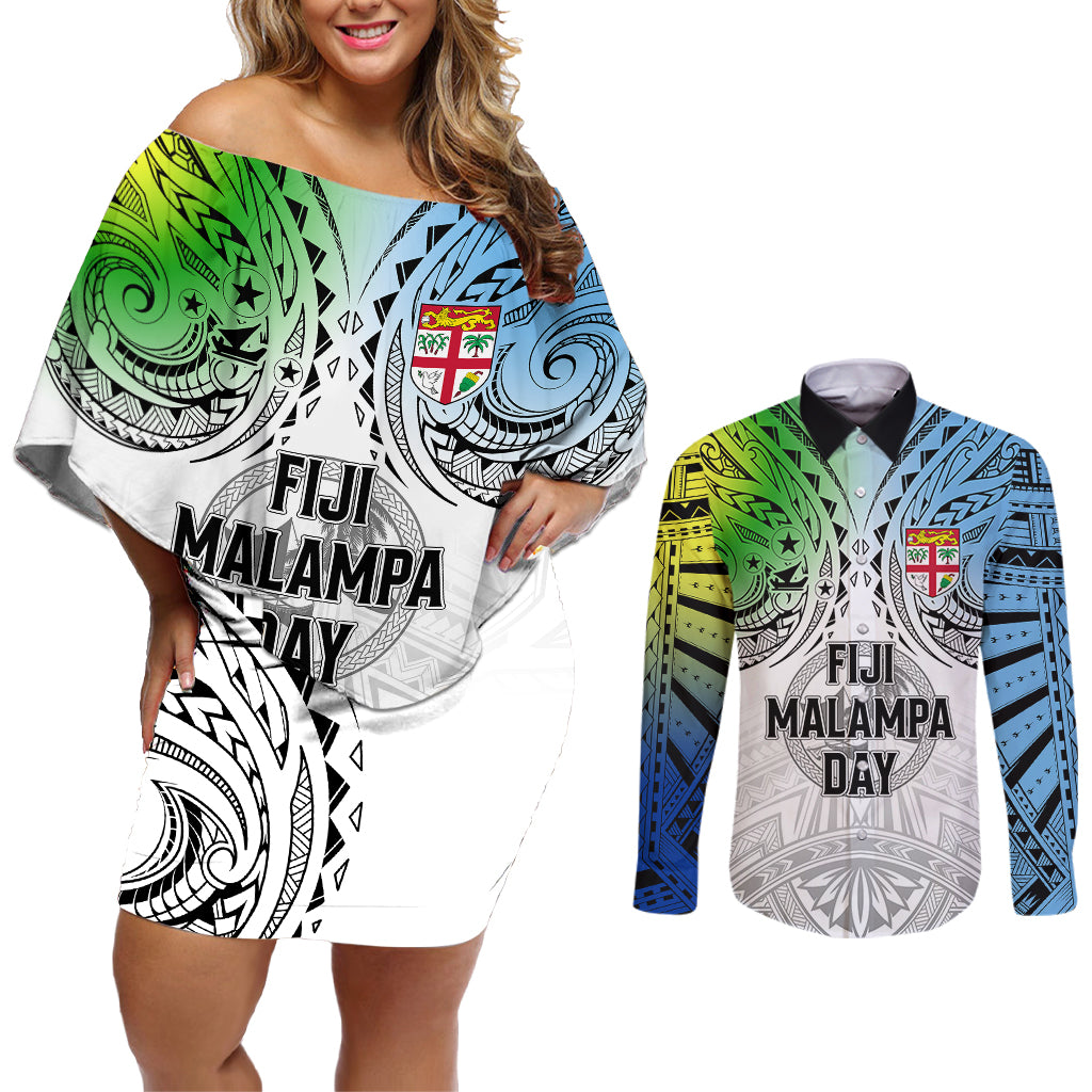 Personalised Malampa Fiji Day Couples Matching Off Shoulder Short Dress and Long Sleeve Button Shirts Gradient Style LT7 - Wonder Print Shop