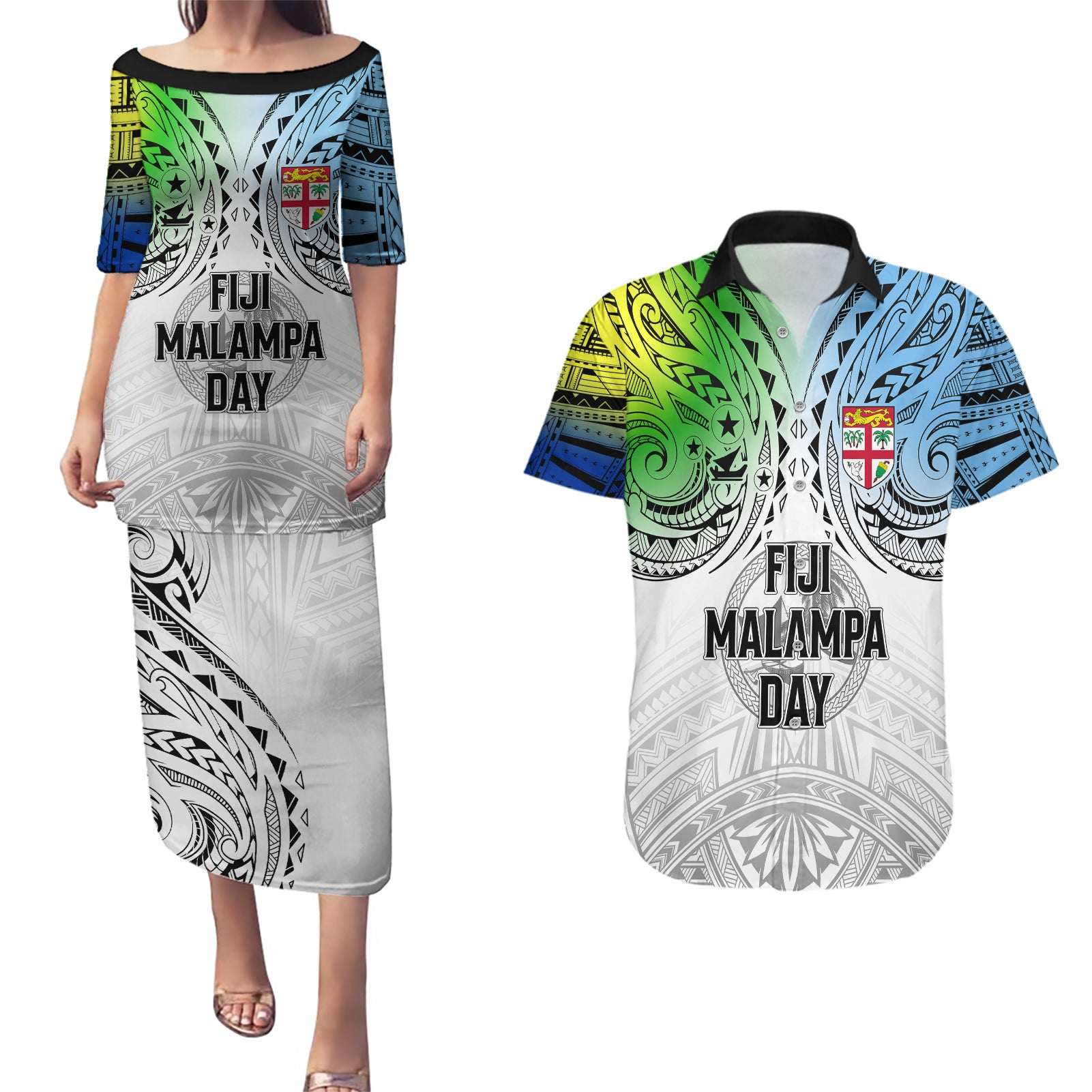 Personalised Malampa Fiji Day Couples Matching Puletasi Dress and Hawaiian Shirt Gradient Style LT7 - Wonder Print Shop