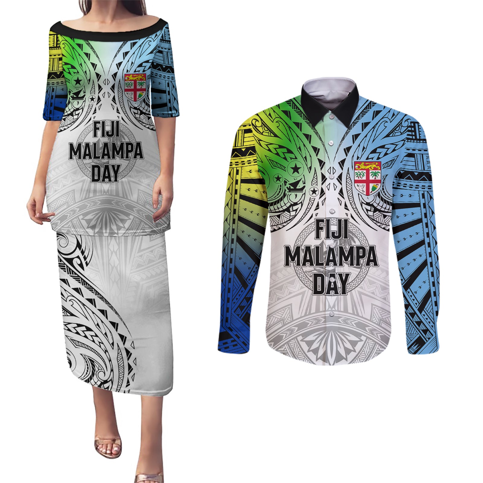 Personalised Malampa Fiji Day Couples Matching Puletasi Dress and Long Sleeve Button Shirts Gradient Style LT7 - Wonder Print Shop