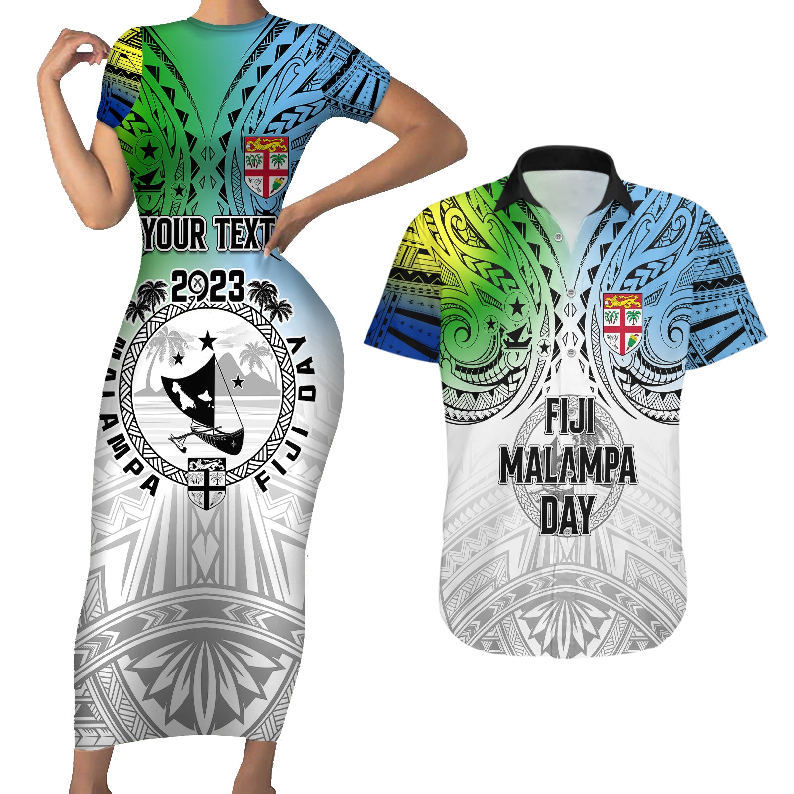 Personalised Malampa Fiji Day Couples Matching Short Sleeve Bodycon Dress and Hawaiian Shirt Gradient Style LT7 - Wonder Print Shop