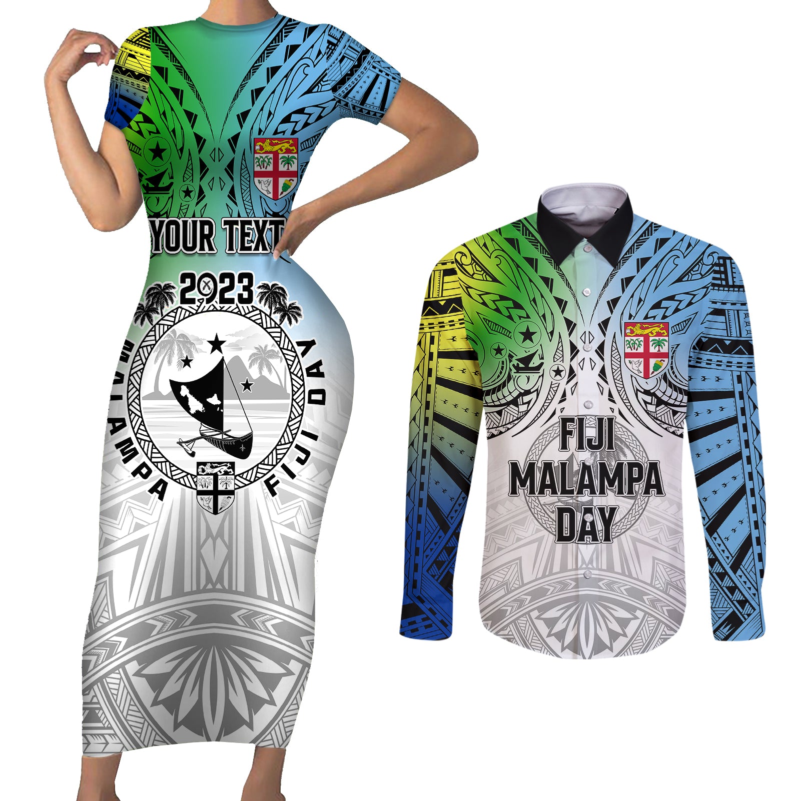 Personalised Malampa Fiji Day Couples Matching Short Sleeve Bodycon Dress and Long Sleeve Button Shirts Gradient Style LT7 - Wonder Print Shop