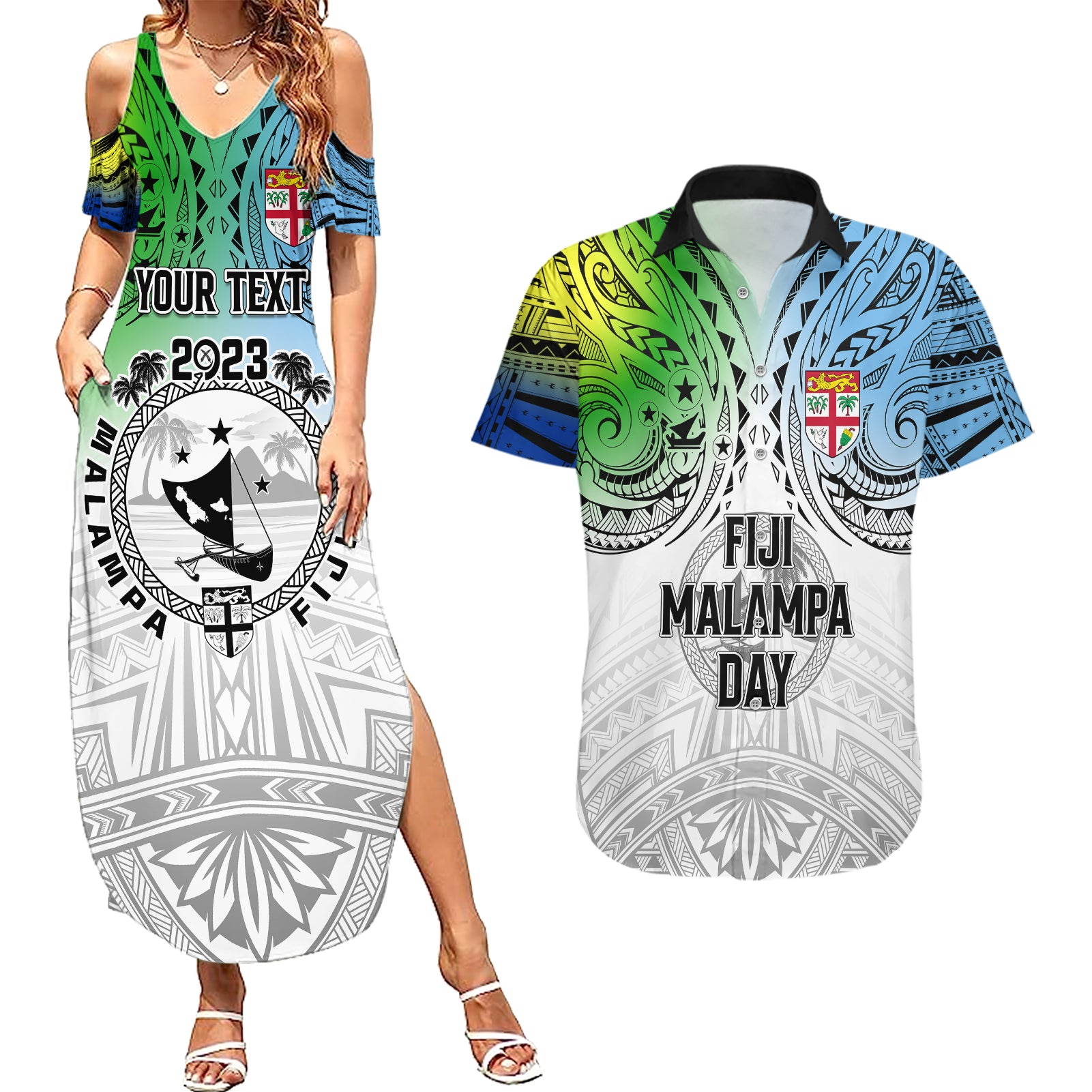 Personalised Malampa Fiji Day Couples Matching Summer Maxi Dress and Hawaiian Shirt Gradient Style LT7 - Wonder Print Shop