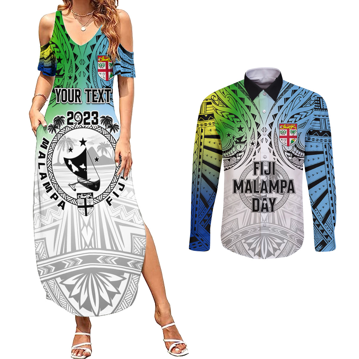 Personalised Malampa Fiji Day Couples Matching Summer Maxi Dress and Long Sleeve Button Shirts Gradient Style LT7 - Wonder Print Shop