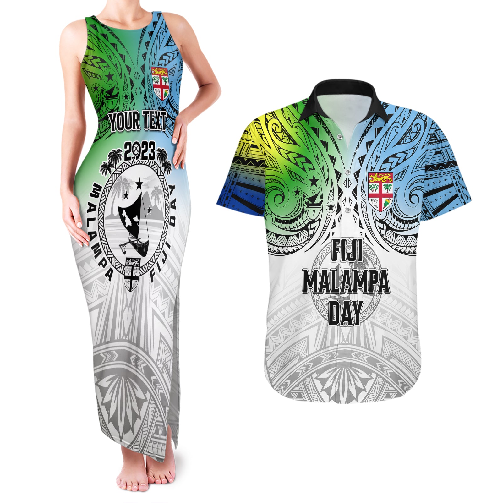 Personalised Malampa Fiji Day Couples Matching Tank Maxi Dress and Hawaiian Shirt Gradient Style LT7 - Wonder Print Shop