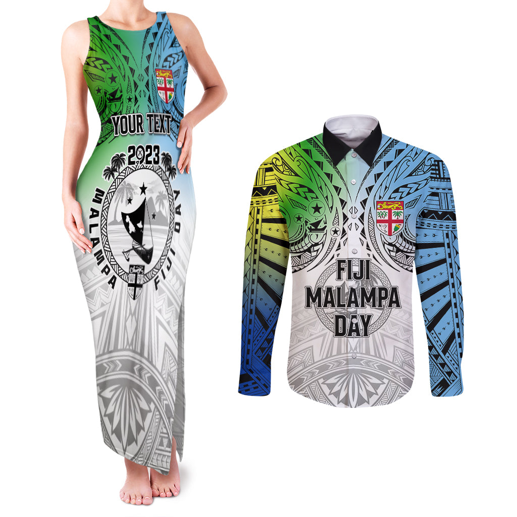 Personalised Malampa Fiji Day Couples Matching Tank Maxi Dress and Long Sleeve Button Shirts Gradient Style LT7 - Wonder Print Shop