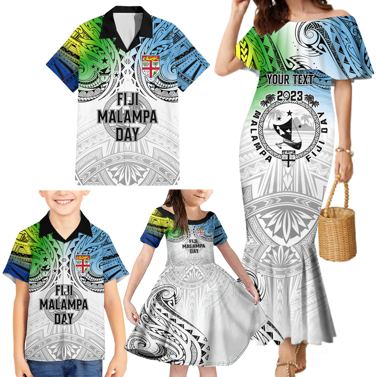 Personalised Malampa Fiji Day Family Matching Mermaid Dress and Hawaiian Shirt Gradient Style LT7 - Wonder Print Shop