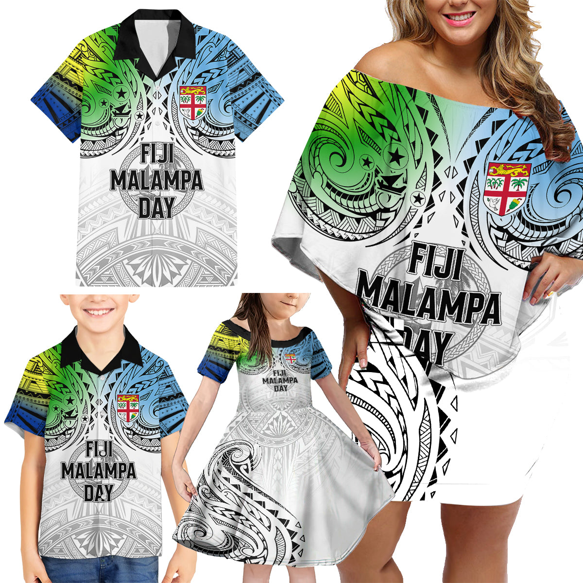 Personalised Malampa Fiji Day Family Matching Off Shoulder Short Dress and Hawaiian Shirt Gradient Style LT7 - Wonder Print Shop