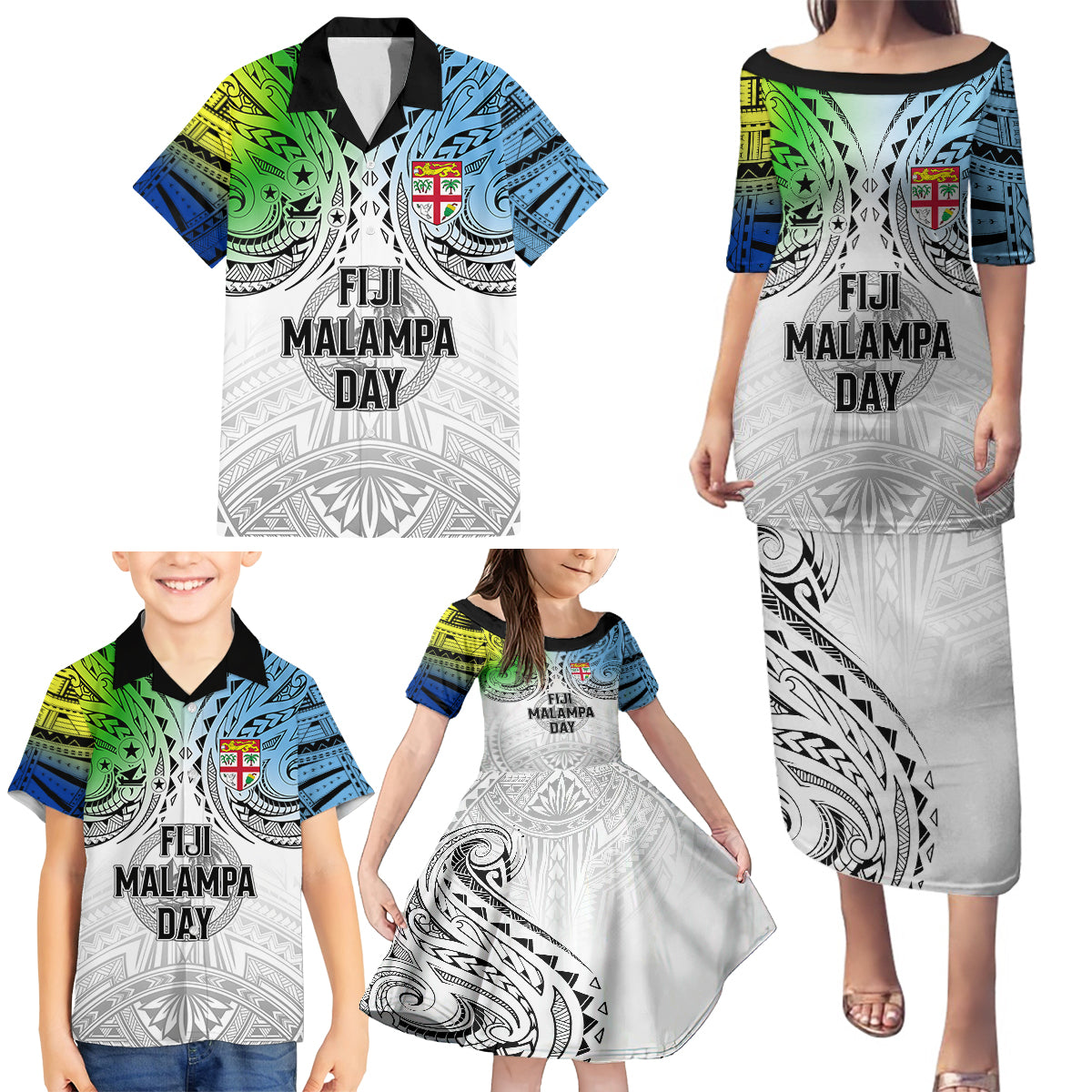 Personalised Malampa Fiji Day Family Matching Puletasi Dress and Hawaiian Shirt Gradient Style - Wonder Print Shop