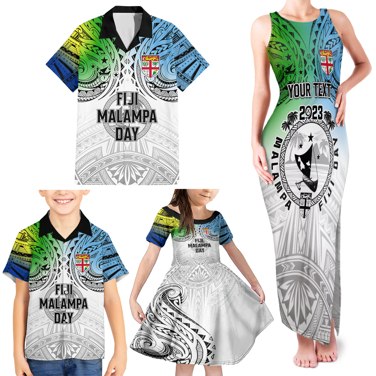 Personalised Malampa Fiji Day Family Matching Tank Maxi Dress and Hawaiian Shirt Gradient Style - Wonder Print Shop