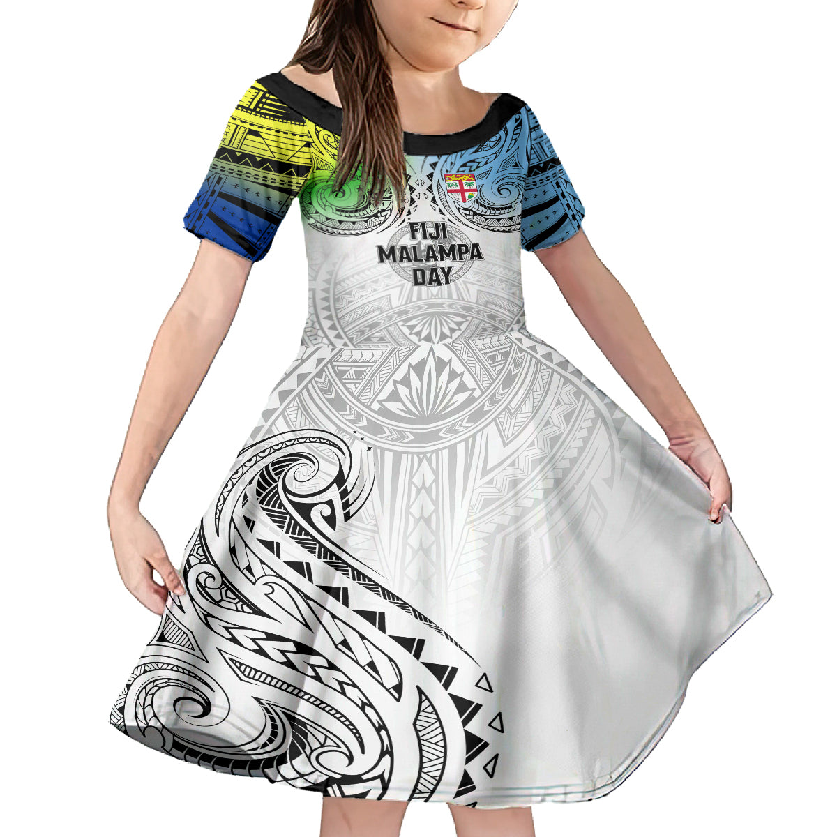 Personalised Malampa Fiji Day Kid Short Sleeve Dress Gradient Style - Wonder Print Shop