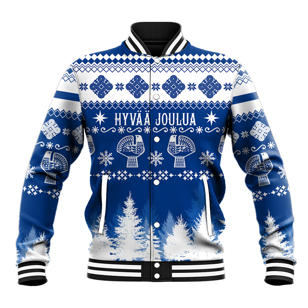 Unisex blue baseball jacket with white snowflake and reindeer print, button-front