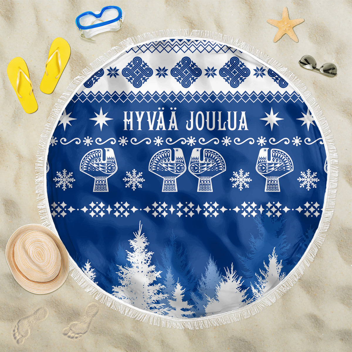 Round blue beach blanket with fringe, Christmas pattern and Hyvää Joulua text