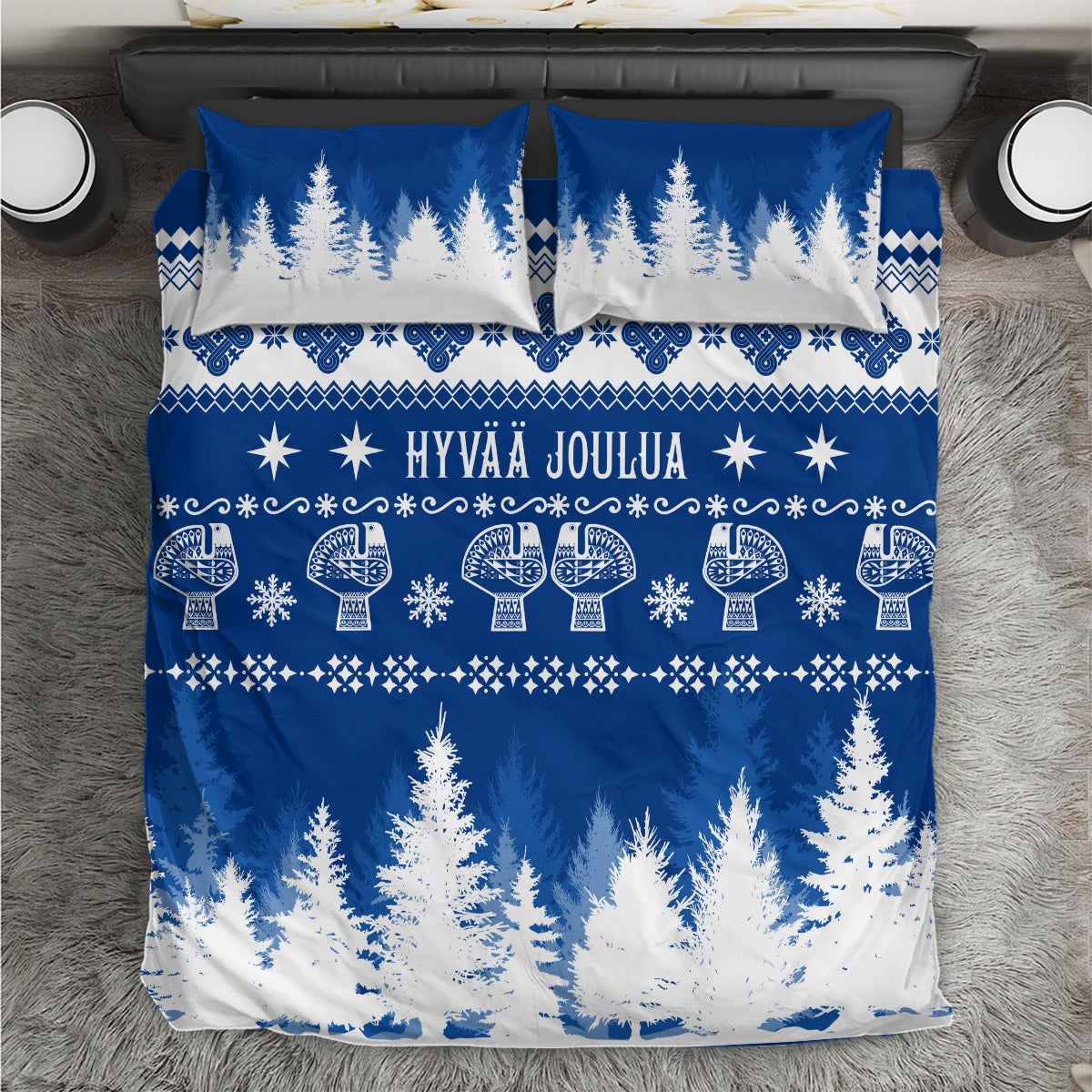 Blue Christmas duvet cover with two pillowcases; forest, stars, and reindeer graphic