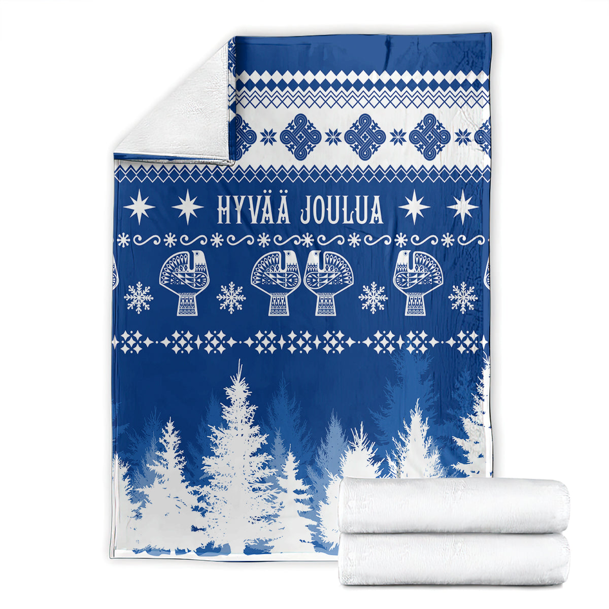 Blue Christmas blanket with white Hannunvaakuna pattern and Hyvaa Joulua text