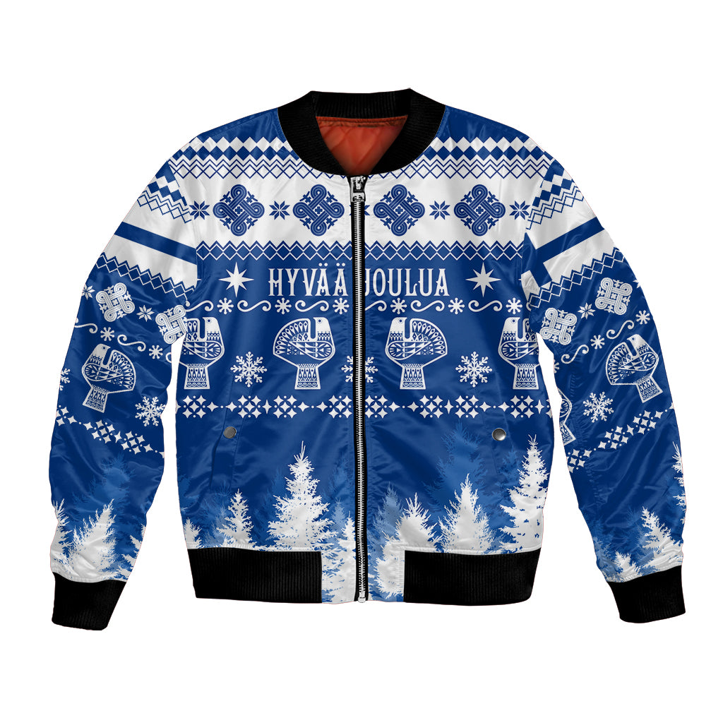 Blue unisex bomber jacket with white Nordic holiday print, front zipper, ribbed cuffs