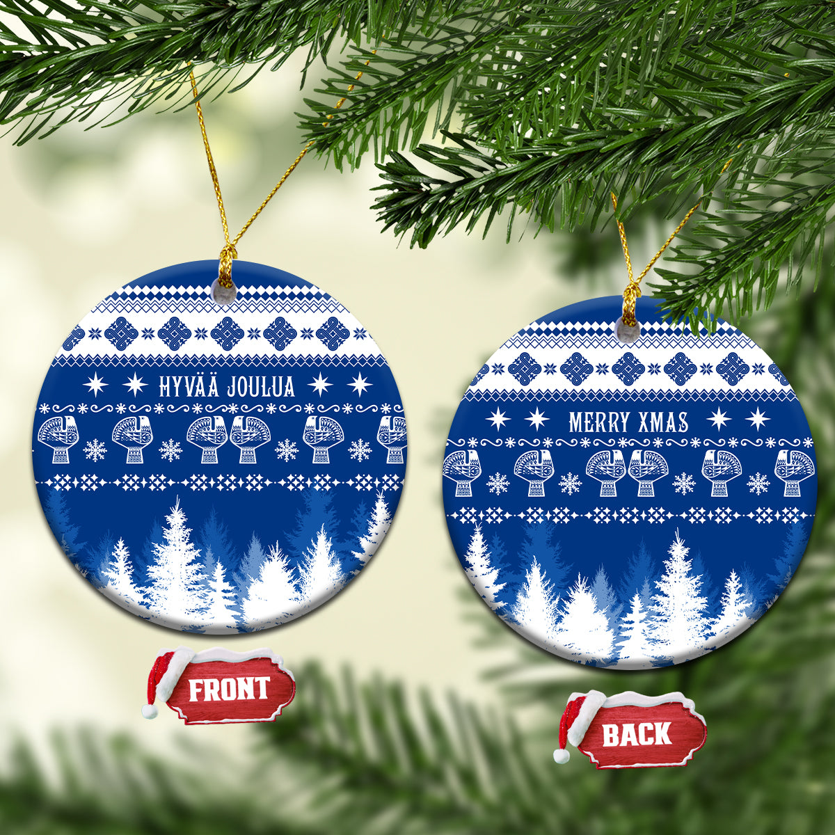 Blue ceramic Christmas ornament with Finland pattern, front and back views