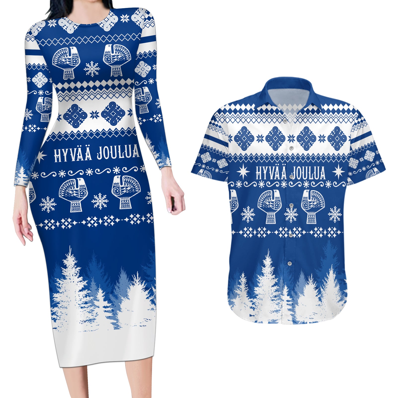 Finland Christmas Hannunvaakuna Tattoo Couples Matching Long Sleeve Bodycon Dress and Hawaiian Shirt Hyvaa Joulua - Flag Color LT7 - Wonder Print Shop