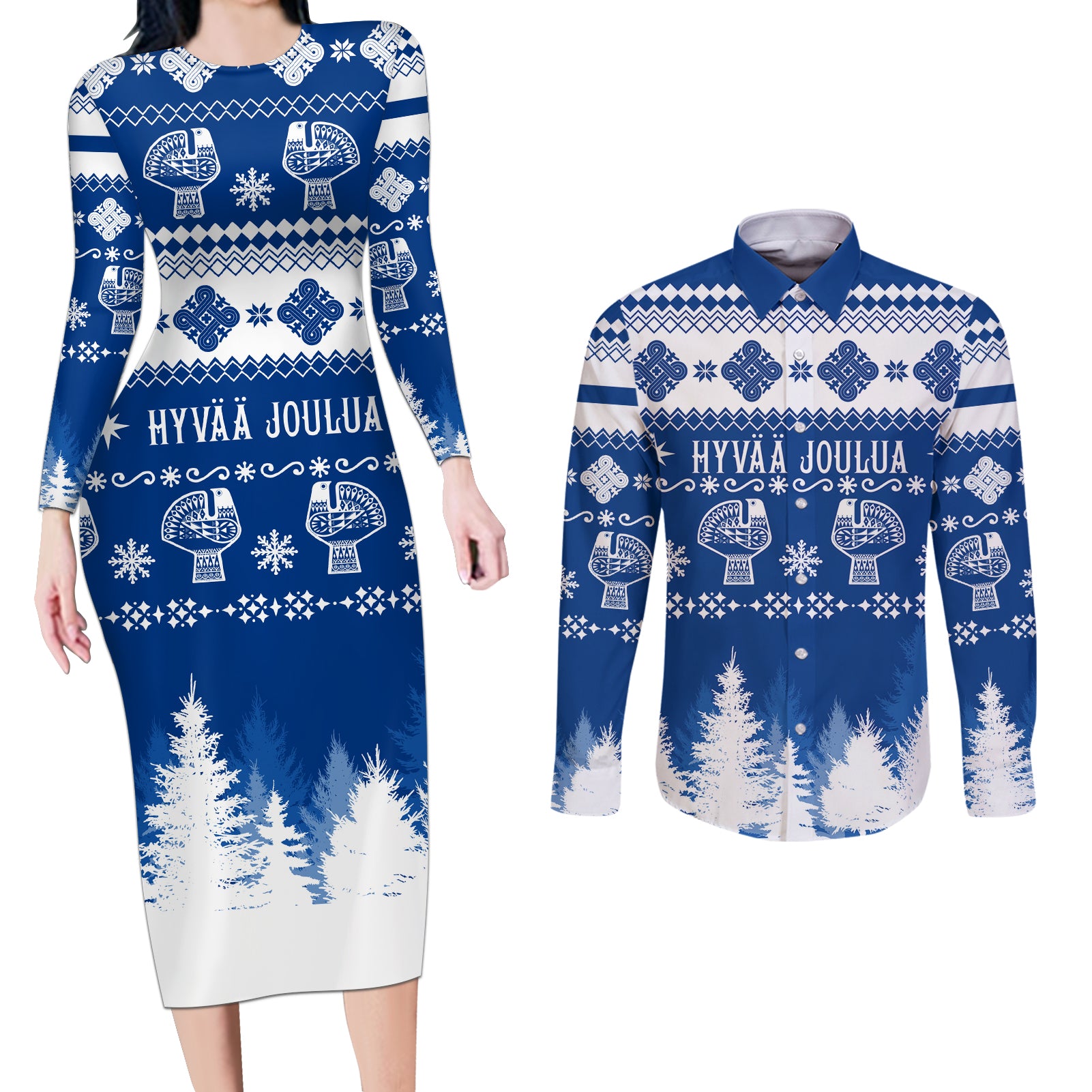 Finland Christmas Hannunvaakuna Tattoo Couples Matching Long Sleeve Bodycon Dress and Long Sleeve Button Shirt Hyvaa Joulua - Flag Color LT7 - Wonder Print Shop