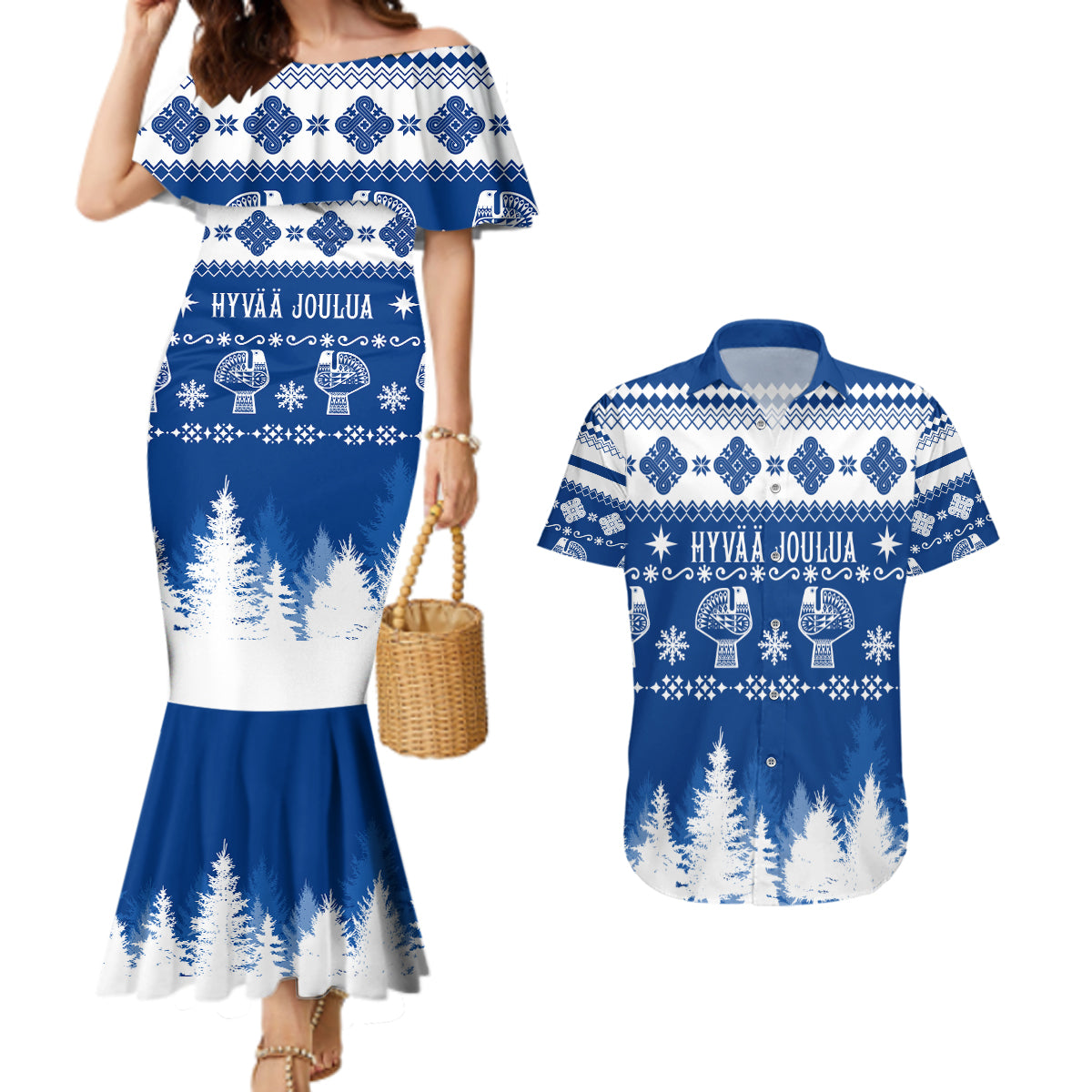 Finland Christmas Hannunvaakuna Tattoo Couples Matching Mermaid Dress and Hawaiian Shirt Hyvaa Joulua - Flag Color LT7 - Wonder Print Shop