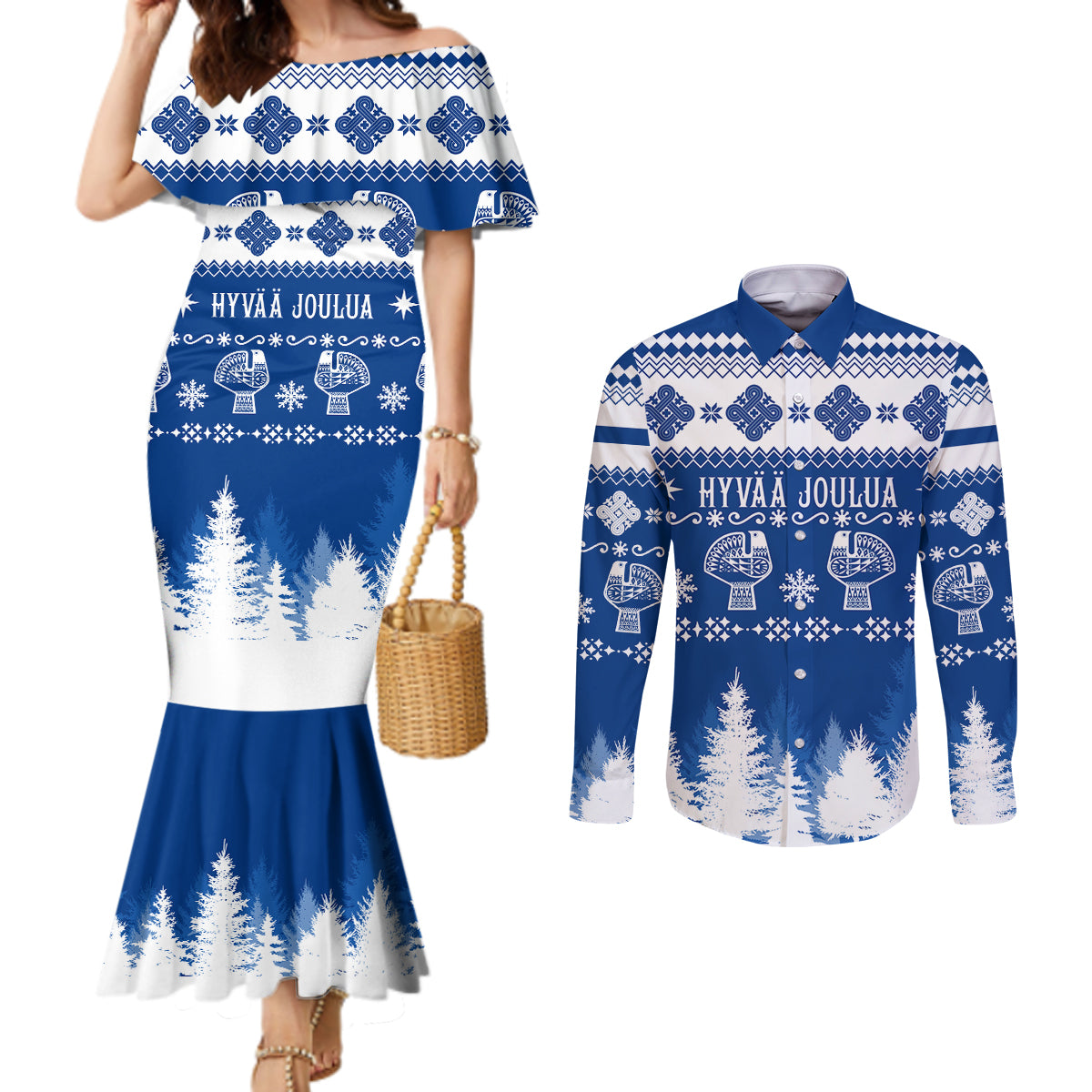 finland-christmas-hannunvaakuna-tattoo-couples-matching-mermaid-dress-and-long-sleeve-button-shirt-hyvaa-joulua-flag-color