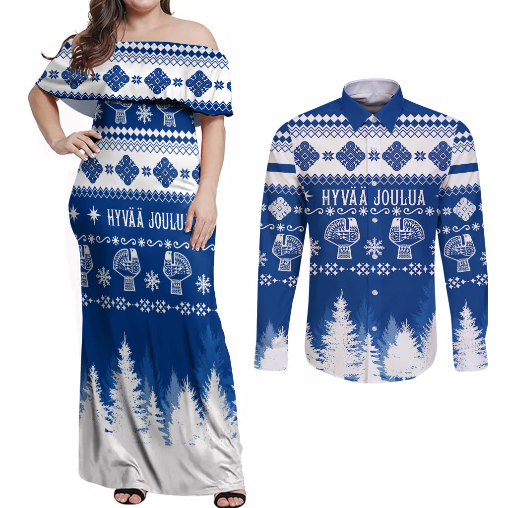 Finland Christmas Hannunvaakuna Tattoo Couples Matching Off Shoulder Maxi Dress and Long Sleeve Button Shirt Hyvaa Joulua - Flag Color LT7 - Wonder Print Shop