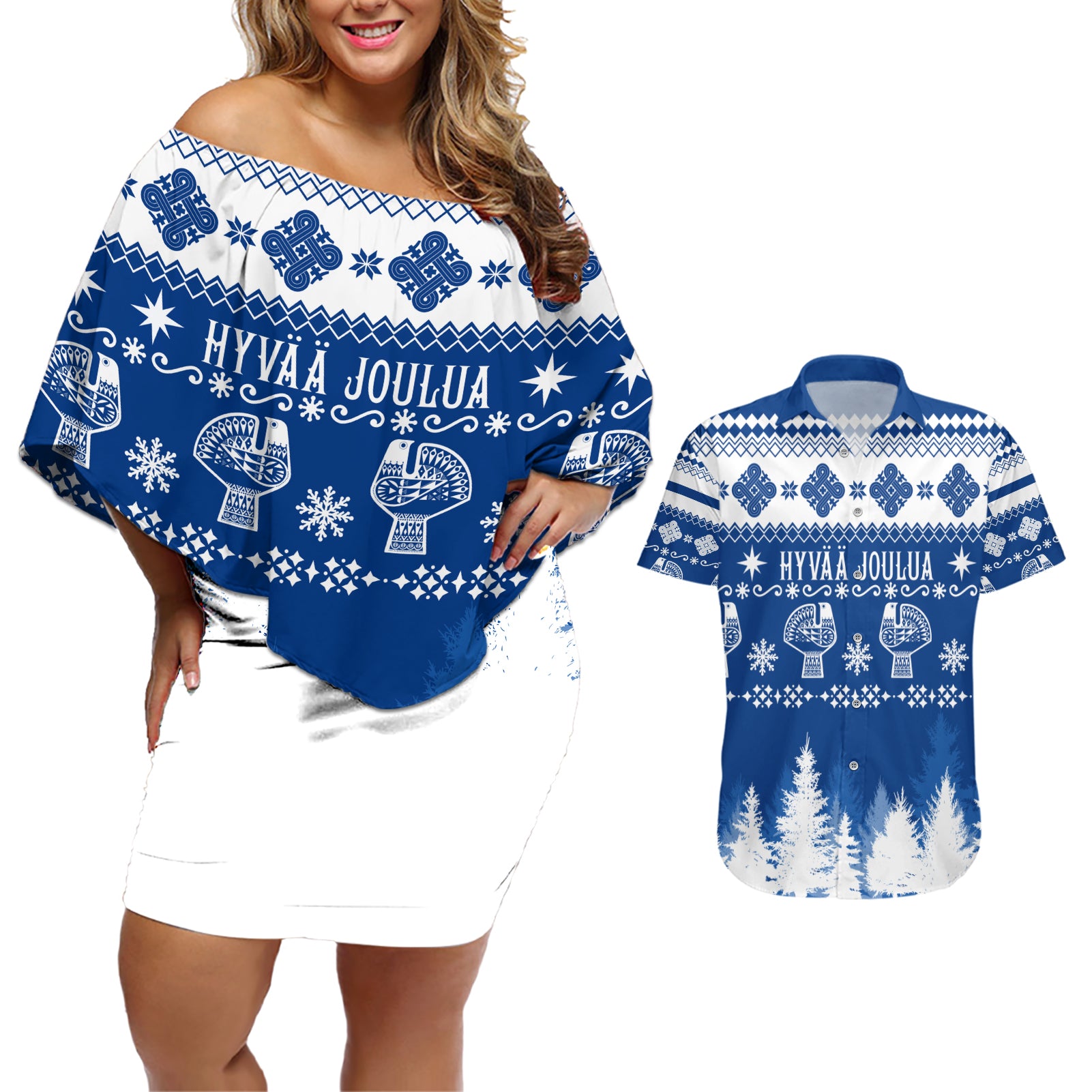 Finland Christmas Hannunvaakuna Tattoo Couples Matching Off Shoulder Short Dress and Hawaiian Shirt Hyvaa Joulua - Flag Color LT7 - Wonder Print Shop