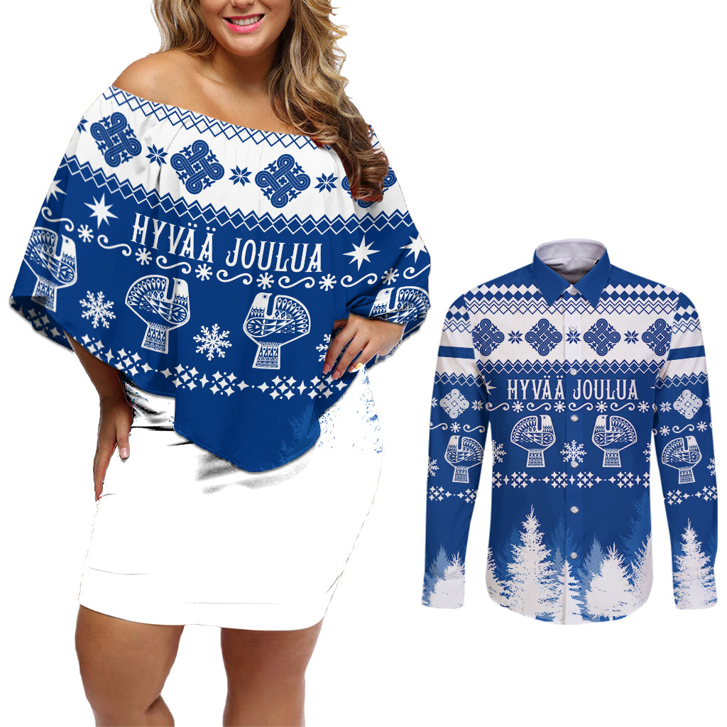 Finland Christmas Hannunvaakuna Tattoo Couples Matching Off Shoulder Short Dress and Long Sleeve Button Shirt Hyvaa Joulua - Flag Color LT7 - Wonder Print Shop