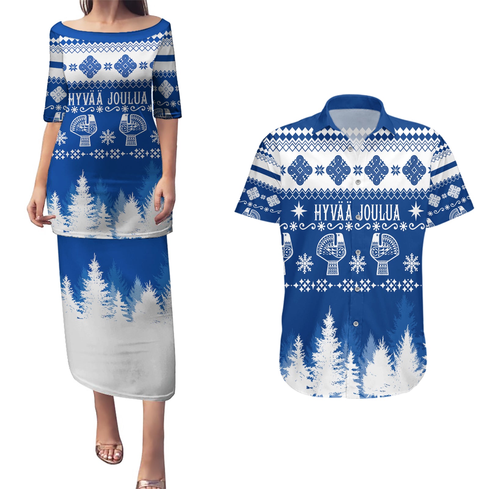 Finland Christmas Hannunvaakuna Tattoo Couples Matching Puletasi Dress and Hawaiian Shirt Hyvaa Joulua - Flag Color LT7 - Wonder Print Shop