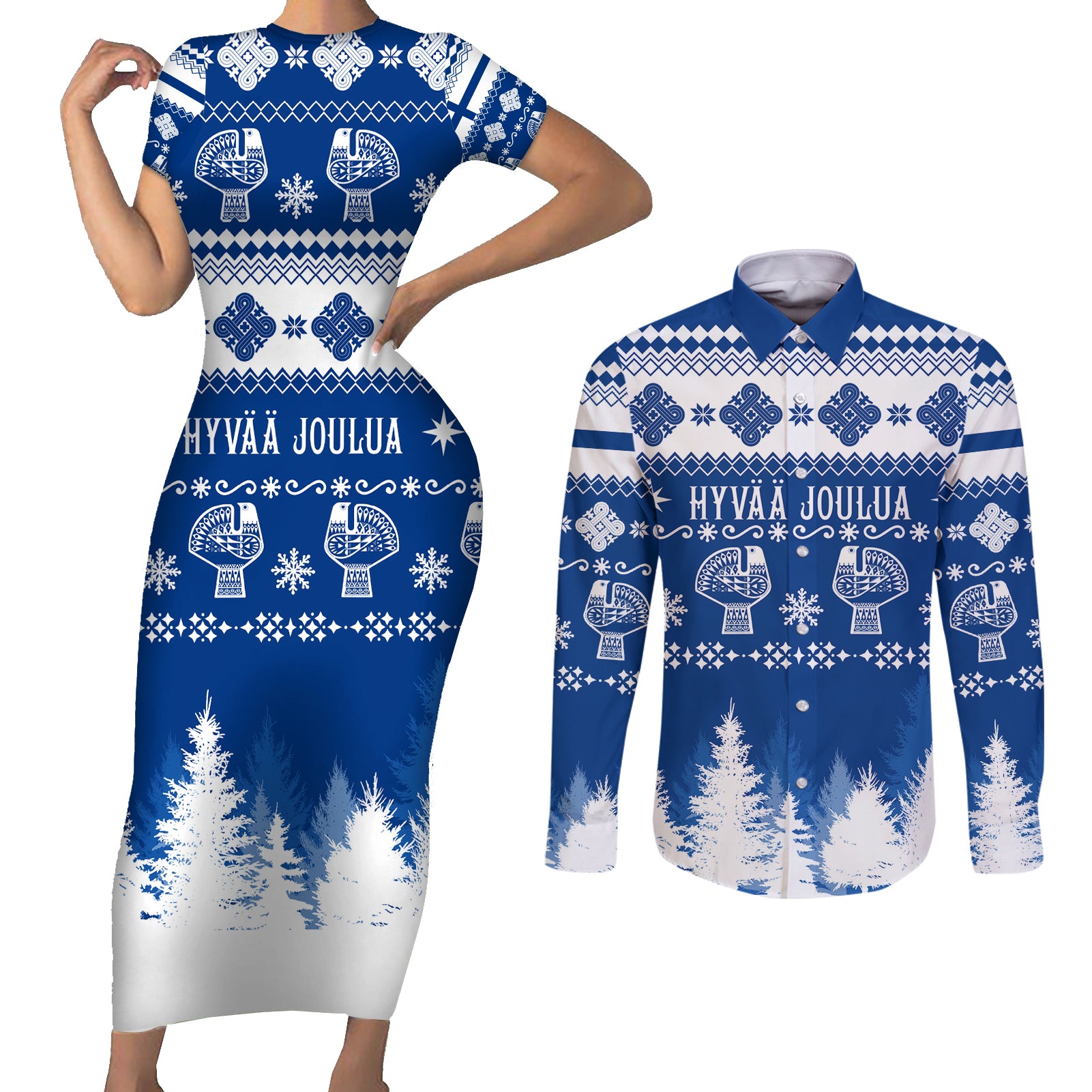 Finland Christmas Hannunvaakuna Tattoo Couples Matching Short Sleeve Bodycon Dress and Long Sleeve Button Shirt Hyvaa Joulua - Flag Color LT7 - Wonder Print Shop