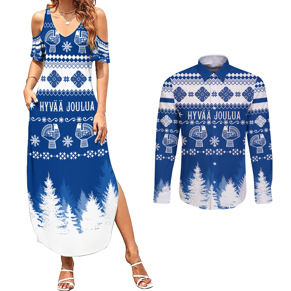 Finland Christmas Hannunvaakuna Tattoo Couples Matching Summer Maxi Dress and Long Sleeve Button Shirt Hyvaa Joulua - Flag Color LT7 - Wonder Print Shop