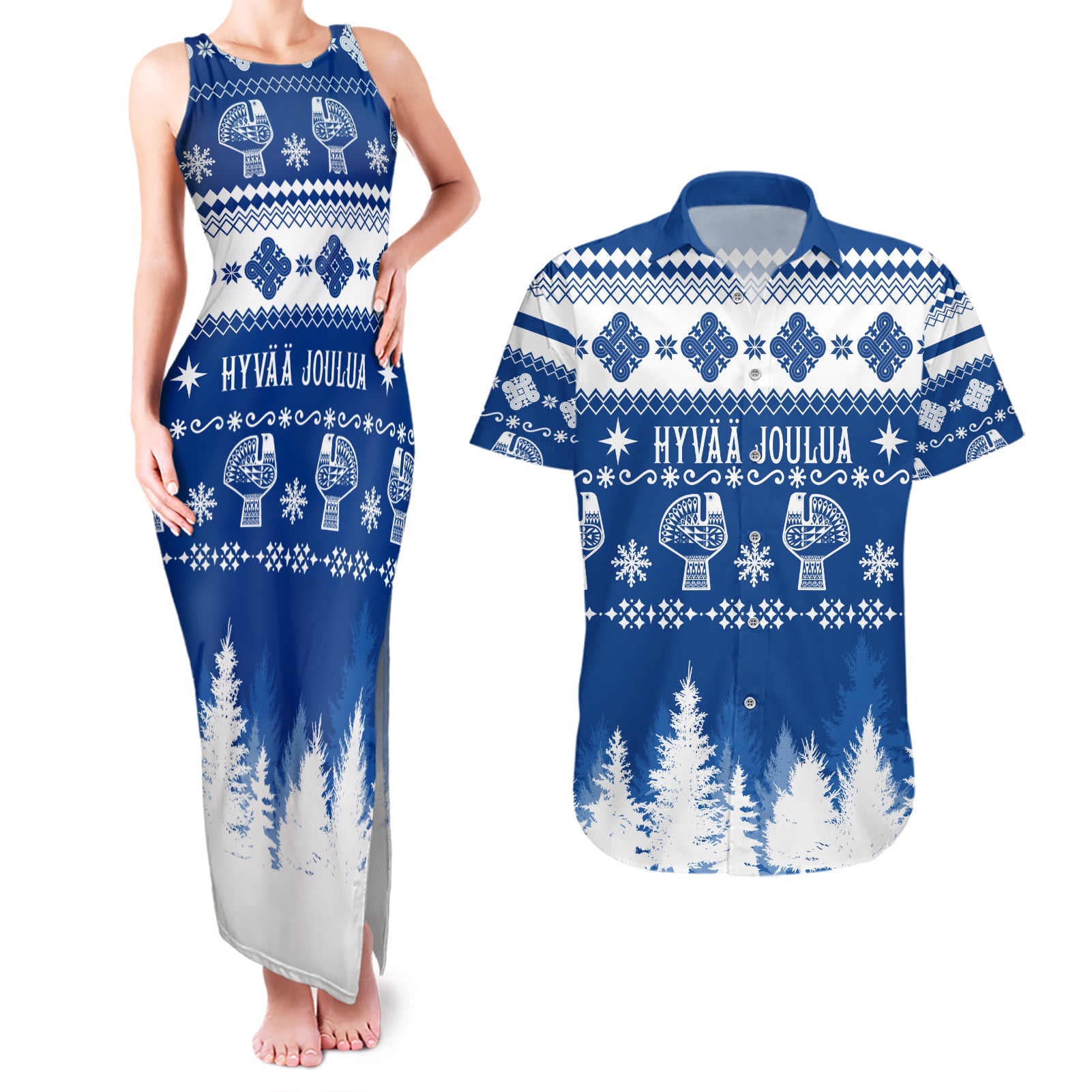 Finland Christmas Hannunvaakuna Tattoo Couples Matching Tank Maxi Dress and Hawaiian Shirt Hyvaa Joulua - Flag Color LT7 - Wonder Print Shop