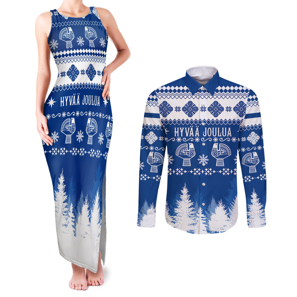 Finland Christmas Hannunvaakuna Tattoo Couples Matching Tank Maxi Dress and Long Sleeve Button Shirt Hyvaa Joulua - Flag Color LT7 - Wonder Print Shop