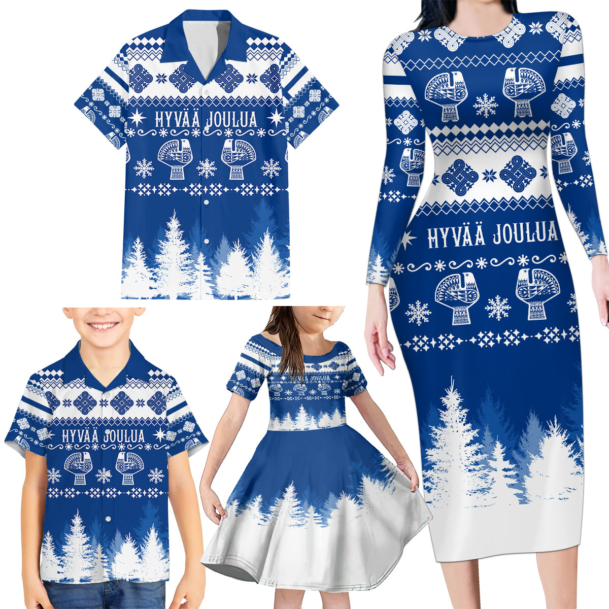 Finland Christmas Hannunvaakuna Tattoo Family Matching Long Sleeve Bodycon Dress and Hawaiian Shirt Hyvaa Joulua - Flag Color LT7 - Wonder Print Shop