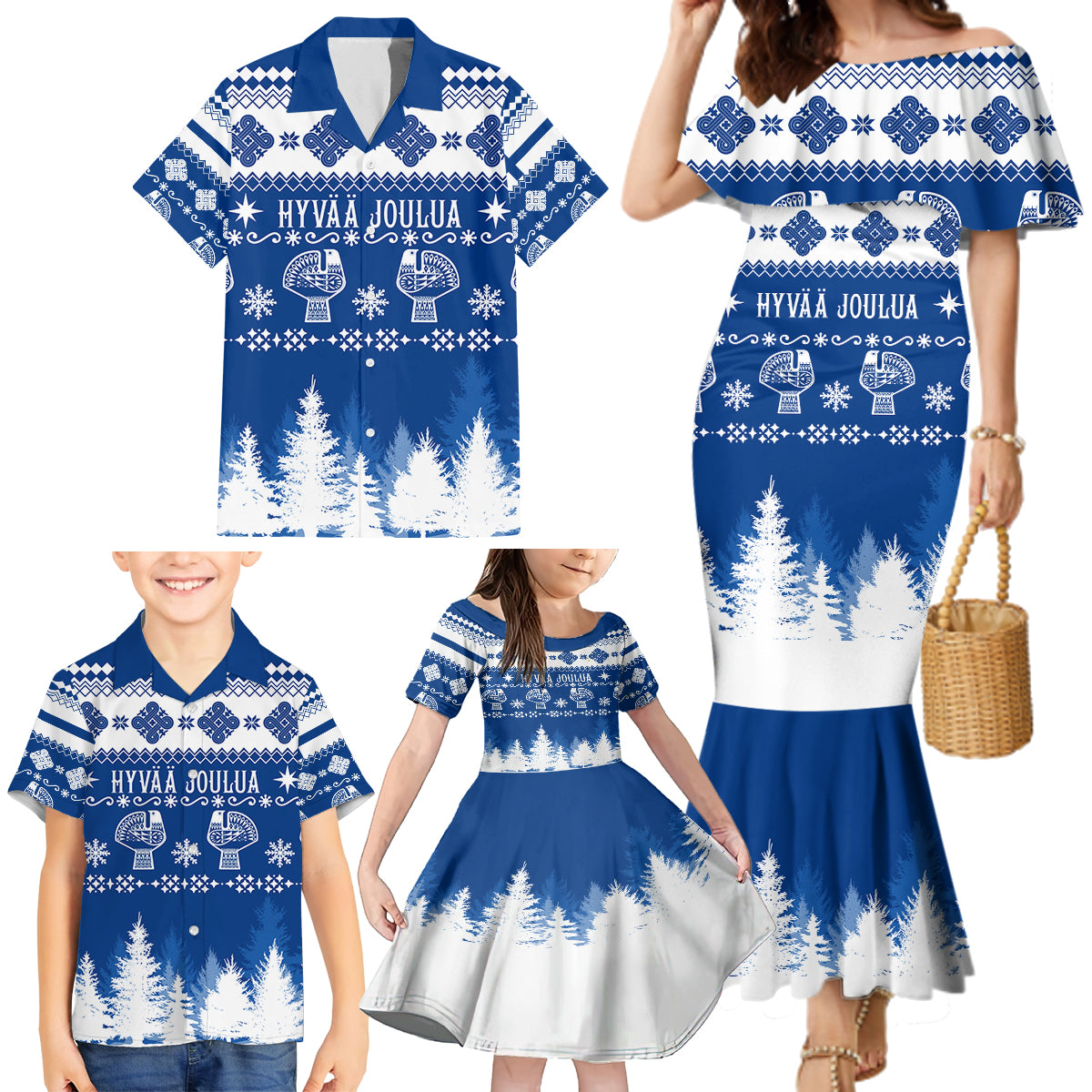 Finland Christmas Hannunvaakuna Tattoo Family Matching Mermaid Dress and Hawaiian Shirt Hyvaa Joulua - Flag Color LT7 - Wonder Print Shop