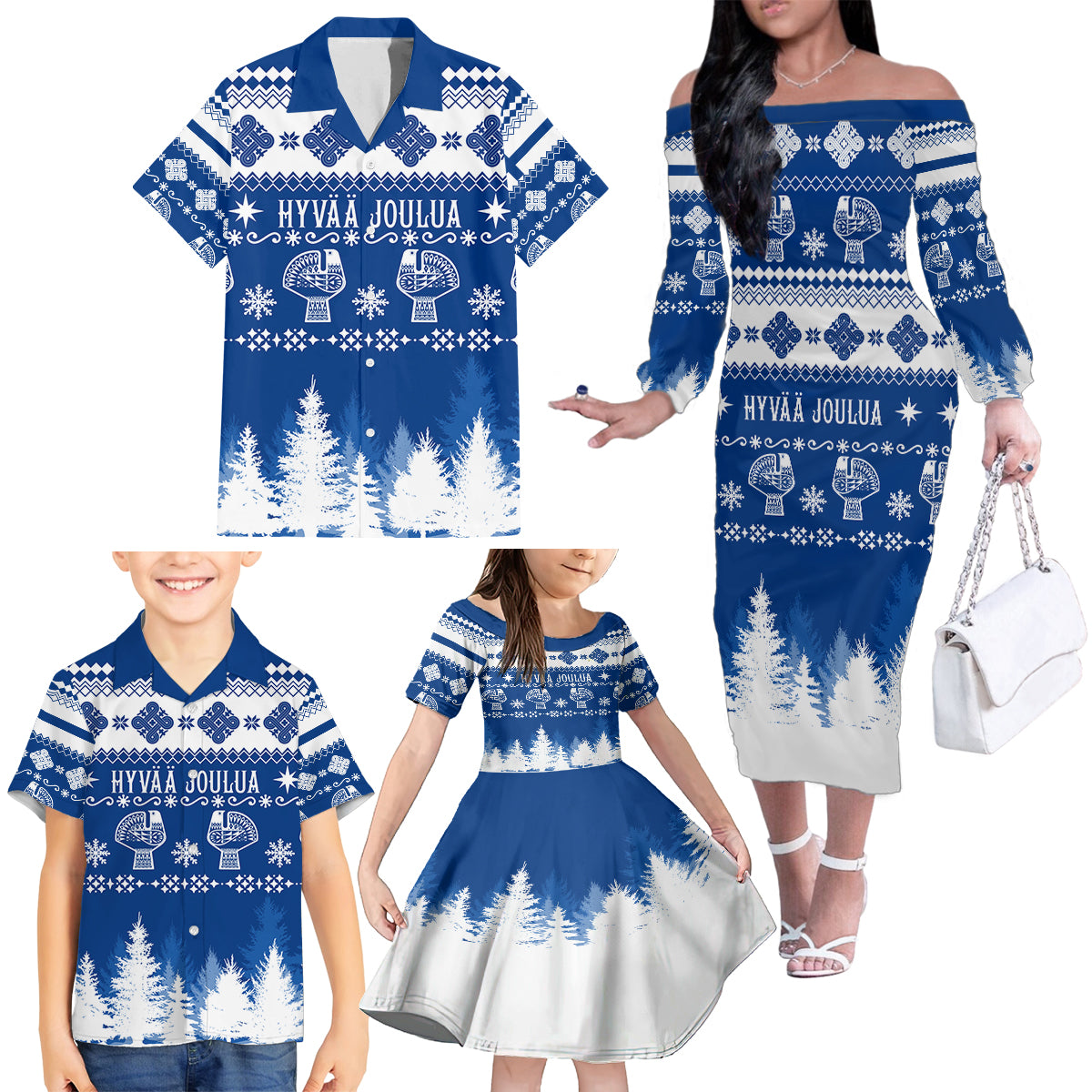 Finland Christmas Hannunvaakuna Tattoo Family Matching Off Shoulder Long Sleeve Dress and Hawaiian Shirt Hyvaa Joulua - Flag Color - Wonder Print Shop