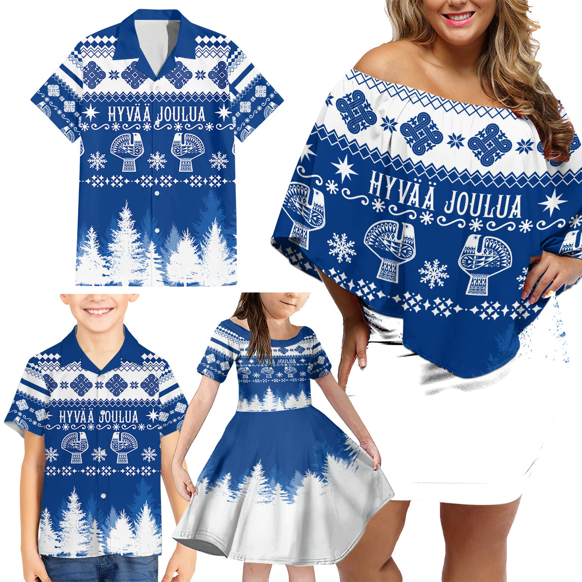 Finland Christmas Hannunvaakuna Tattoo Family Matching Off Shoulder Short Dress and Hawaiian Shirt Hyvaa Joulua - Flag Color LT7 - Wonder Print Shop