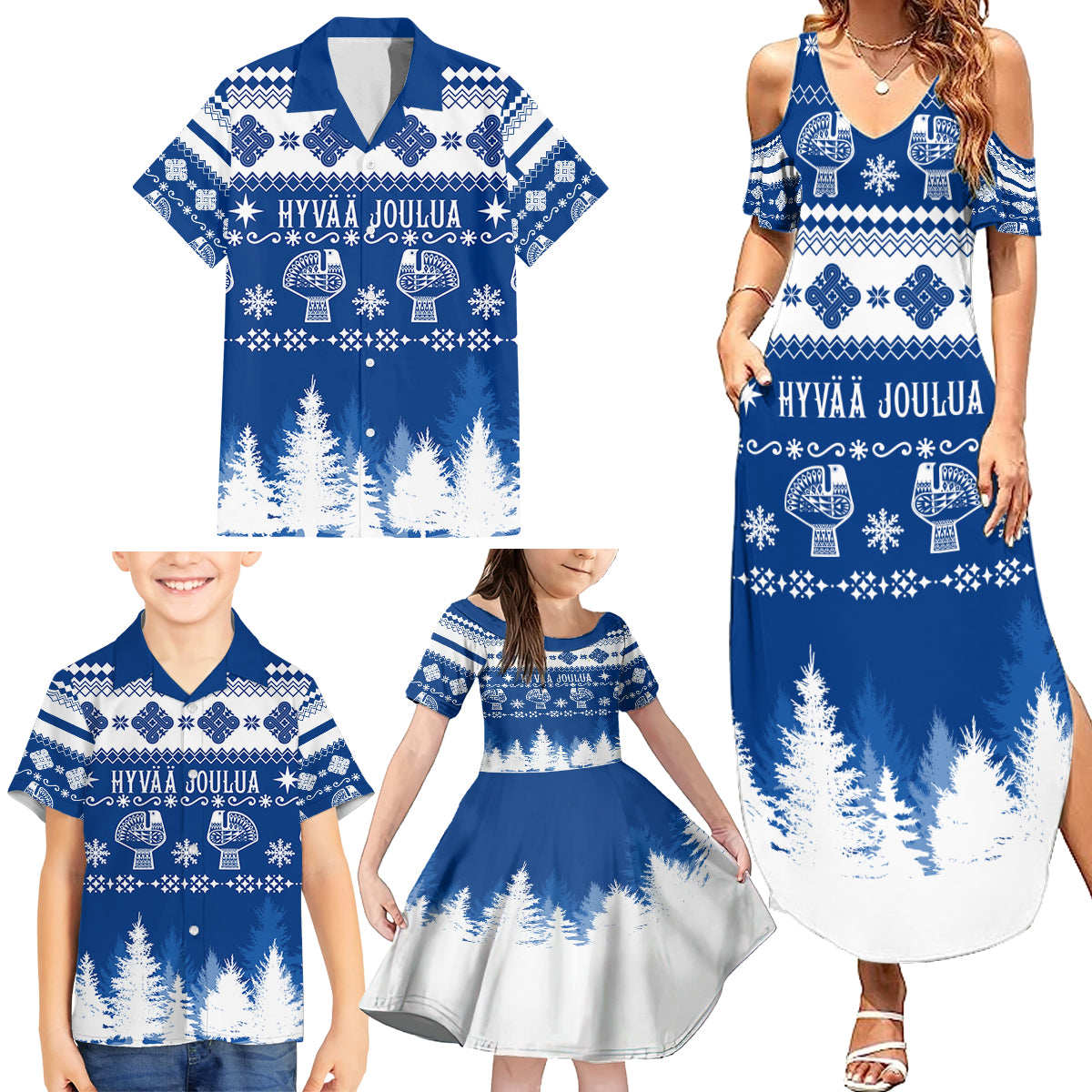 Finland Christmas Hannunvaakuna Tattoo Family Matching Summer Maxi Dress and Hawaiian Shirt Hyvaa Joulua - Flag Color - Wonder Print Shop