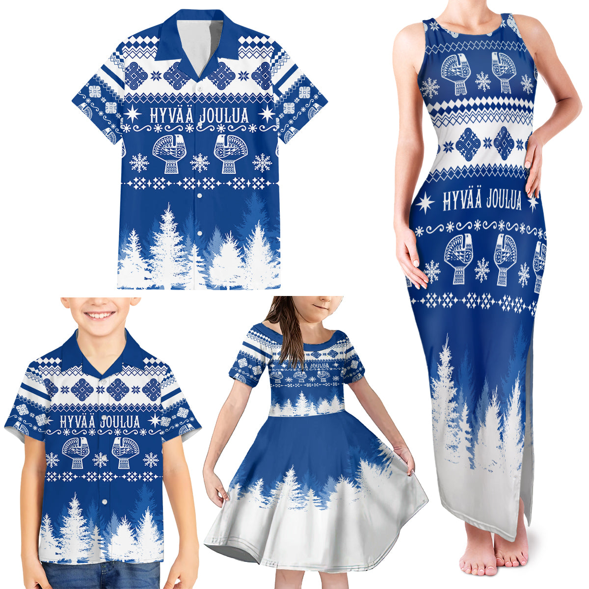 Finland Christmas Hannunvaakuna Tattoo Family Matching Tank Maxi Dress and Hawaiian Shirt Hyvaa Joulua - Flag Color - Wonder Print Shop