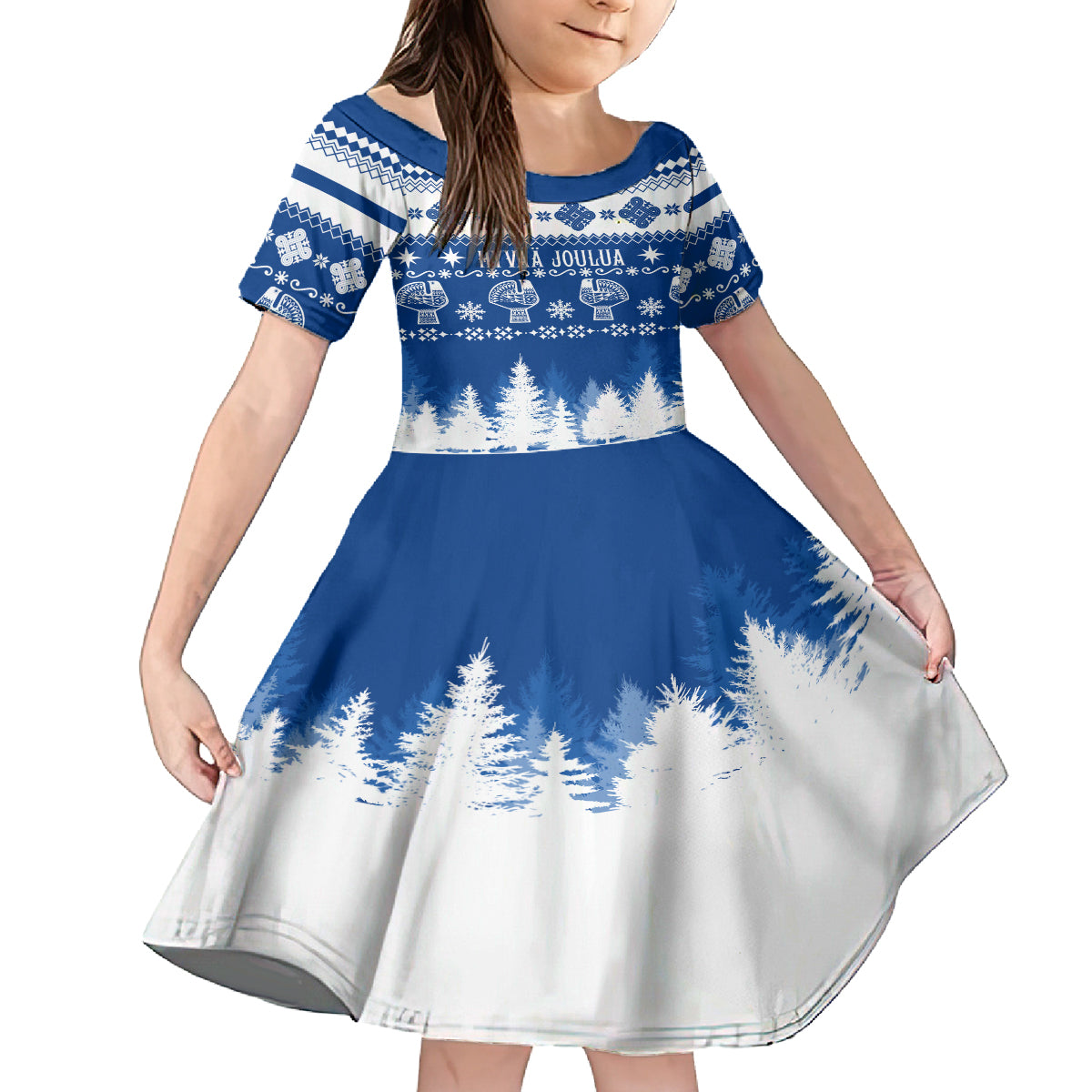 Finland Christmas Hannunvaakuna Tattoo Kid Short Sleeve Dress Hyvaa Joulua - Flag Color - Wonder Print Shop