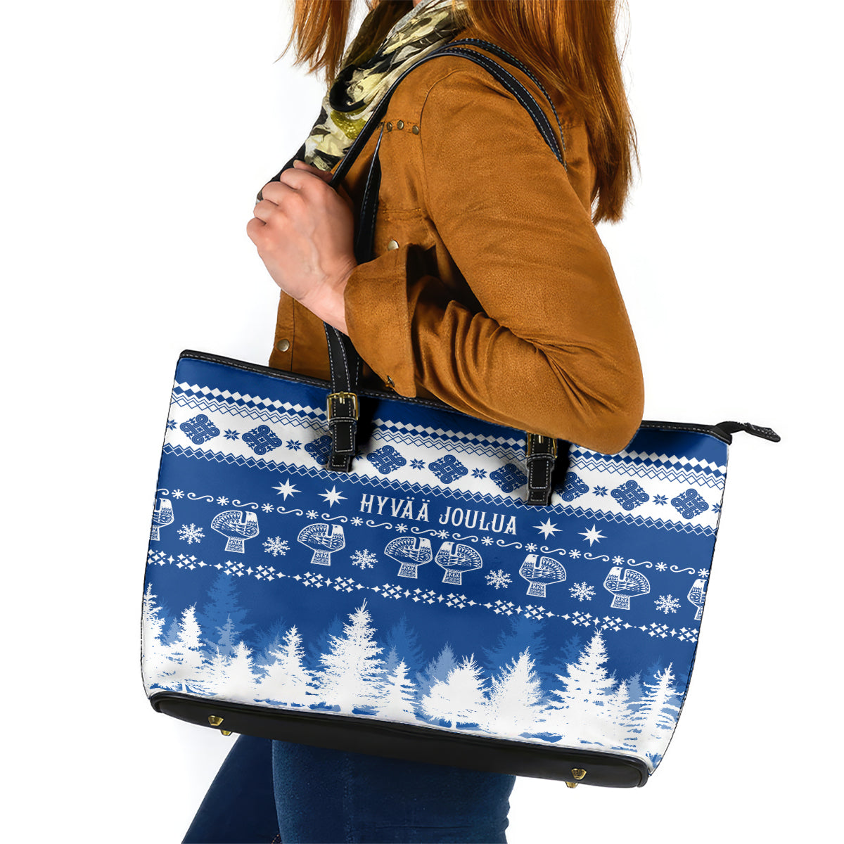 Finland Christmas Hannunvaakuna Tattoo Leather Tote Bag Hyvaa Joulua - Flag Color - Wonder Print Shop