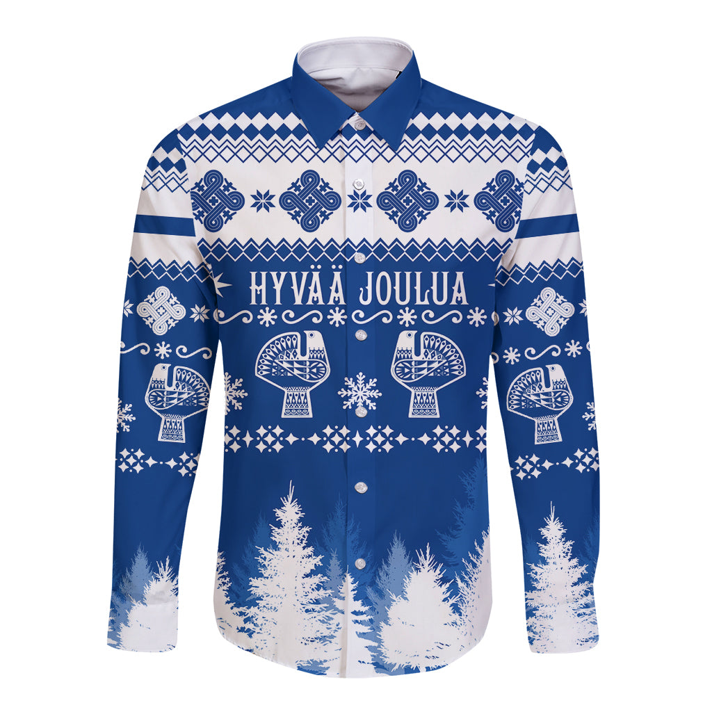 Unisex blue long-sleeve button shirt, white winter fair isle print, 'Hyvaa Joulua'.