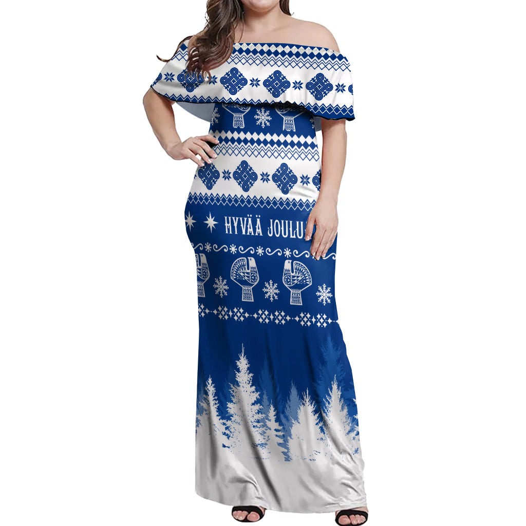 Finland Christmas Hannunvaakuna Tattoo Off Shoulder Maxi Dress Hyvaa Joulua - Flag Color - Wonder Print Shop